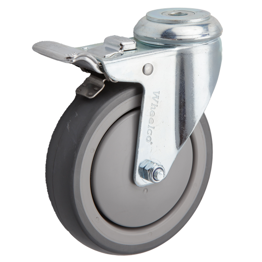 125mm Rubber Castor - Swivel Bolt Hole & Brake - 100kg Capacity