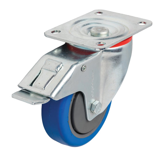 100mm Elastic Rubber Castor - Swivel Plate & Brake - 120kg Capacity