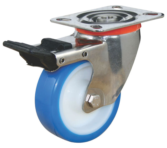 100mm Urethane Castor - Swivel Plate & Brake - 180kg - Stainless Steel