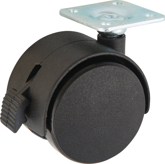 40mm Twin Wheel Nylon Castor - Plate Fitting - With Brake.