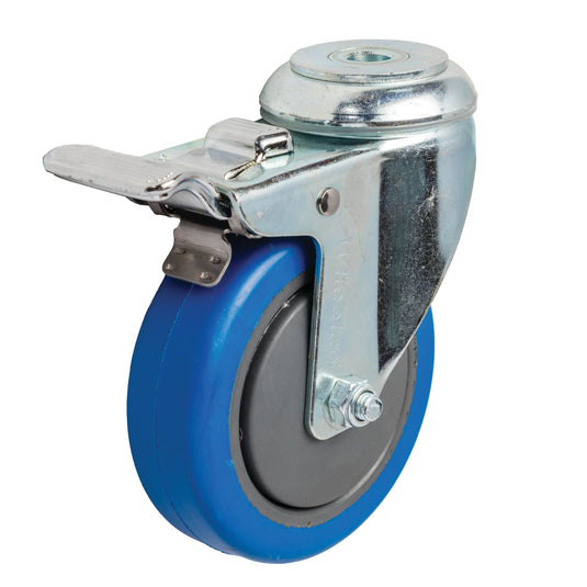 100mm Elastic Rubber Castor - Swivel Bolt Hole & Brake - 100kg Capacity
