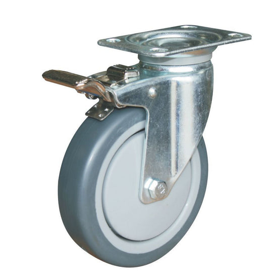125mm Rubber Castor - Swivel Plate & Brake - 100kg Capacity