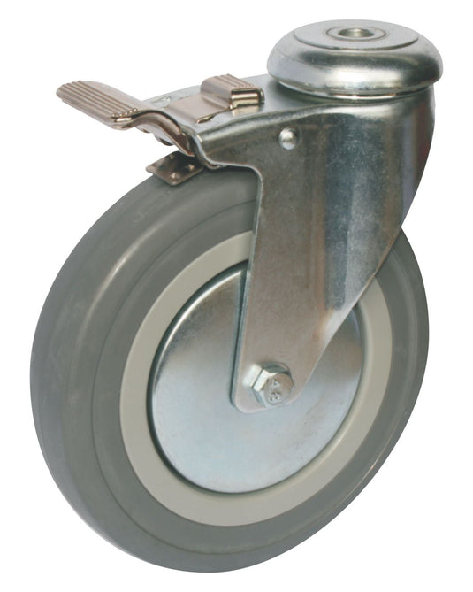 150mm Rubber Castor - Swivel Bolt Hole & Brake - 100kg Capacity