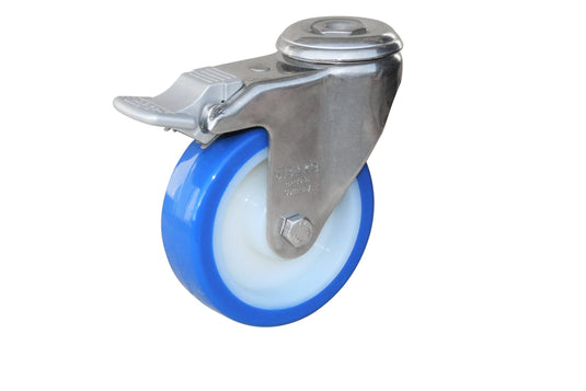 100mm Urethane Castor - Swivel Bolt Hole & Brake - 110kg - Stainless Steel