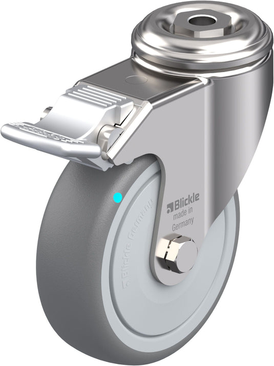 100mm Rubber Castor - Swivel Bolt Hole & Brake - 110kg - Stainless Steel