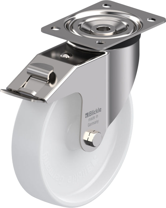 200mm Nylon Castor - Swivel Plate & Brake - 400kg - Stainless Steel
