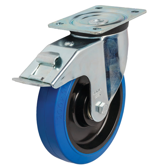 200mm Elastic Rubber Castor - Swivel Plate & Brake - 400kg Capacity