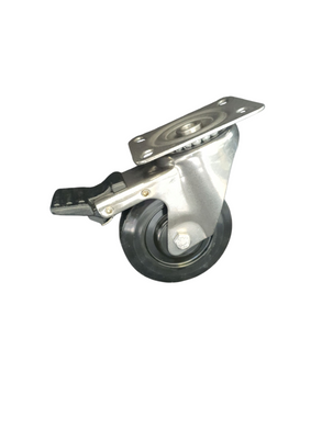 100mm Elastic Rubber Castor - Swivel Plate & Brake - 120kg - Stainless Steel - High/Low Temperature