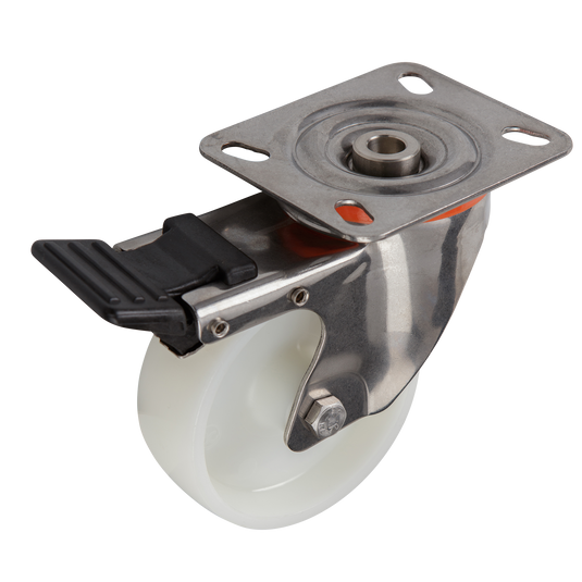 100mm Nylon Castor - Swivel Plate & Brake - 180kg - Stainless Steel