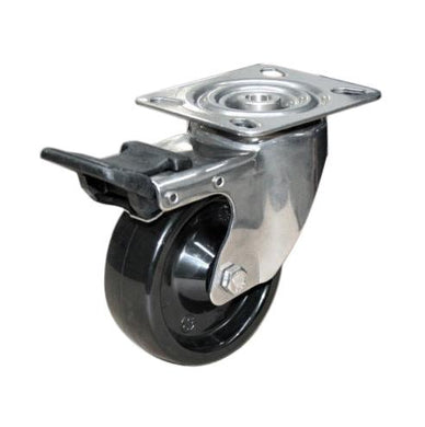 100mm Monolithic Castor - Swivel Plate & Brake - 120kg - Stainless Steel - High/Low Temperature