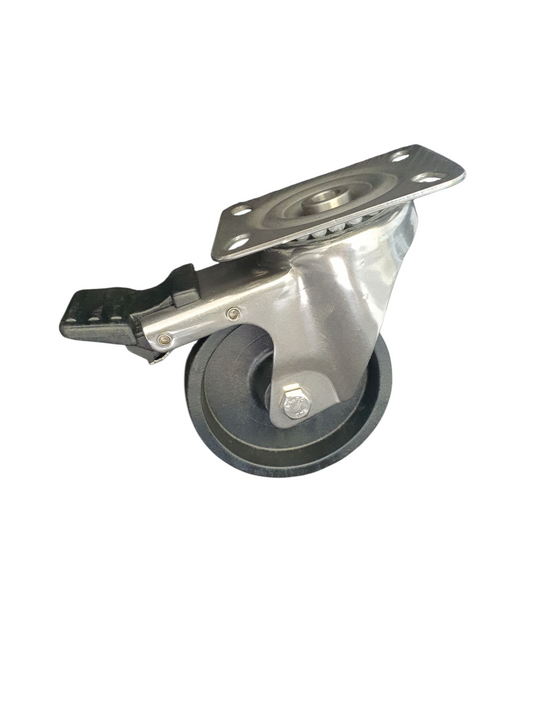 100mm Super-Tuff Monolithic Castor - Swivel Plate & Brake - 180kg - Stainless Steel - High/Low Temperature