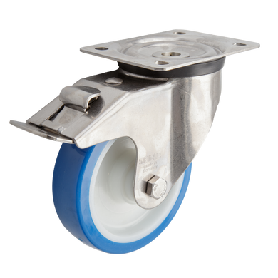 150mm Urethane Castor - Swivel Plate & Brake - 400kg - Stainless Steel