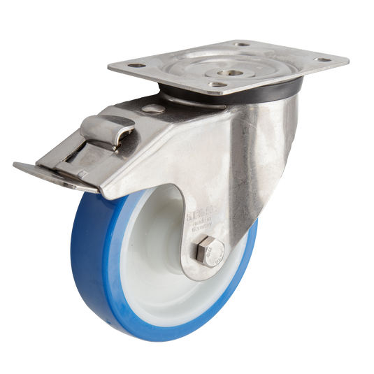 150mm Urethane Castor - Swivel Plate & Brake - 400kg - Stainless Steel