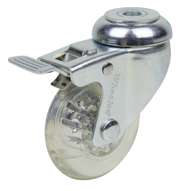 75mm Clear Urethane Castor - Swivel Bolt Hole & Brake - 60kg Capacity