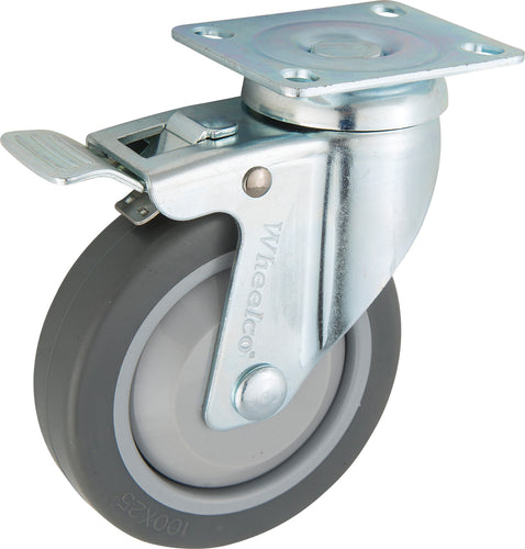 100mm Rubber Castor - Swivel Plate & Brake - 60kg Capacity